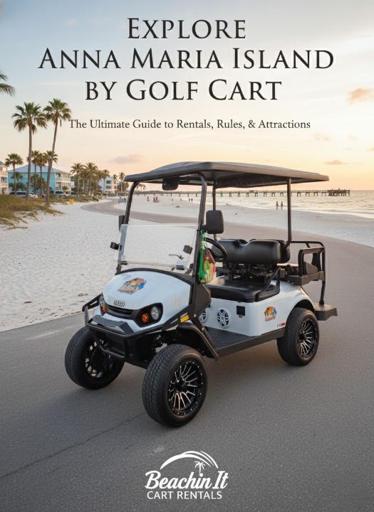 AMI golf cart rentals guide ebook cover photo anna maria island golf cart rentals, street legal golf cart rental florida, ami cart rental, 6 passenger golf cart rental, local golf cart rental florida guide to ami golf cart rentals